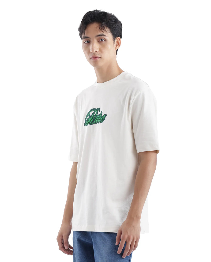 Rare Rabbit Men's Kenzo Off White Cotton Embroidered Oversized Fit Half Sleeve Crew Neck T-Shirt