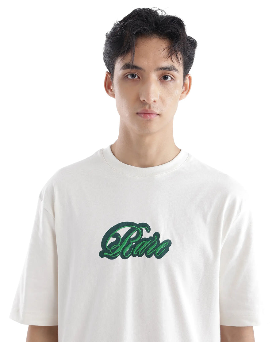 Rare Rabbit Men's Kenzo Off White Cotton Embroidered Oversized Fit Half Sleeve Crew Neck T-Shirt