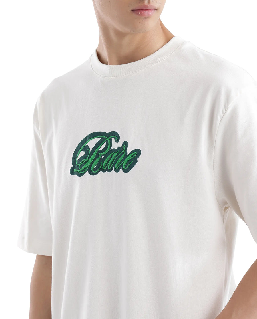 Rare Rabbit Men's Kenzo Off White Cotton Embroidered Oversized Fit Half Sleeve Crew Neck T-Shirt