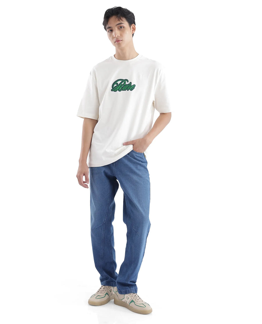 Rare Rabbit Men's Kenzo Off White Cotton Embroidered Oversized Fit Half Sleeve Crew Neck T-Shirt