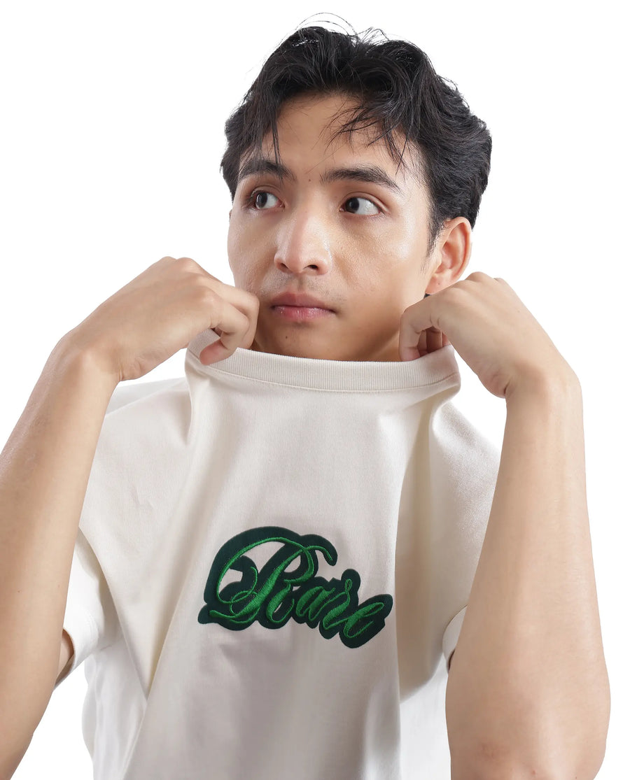Rare Rabbit Men's Kenzo Off White Cotton Embroidered Oversized Fit Half Sleeve Crew Neck T-Shirt