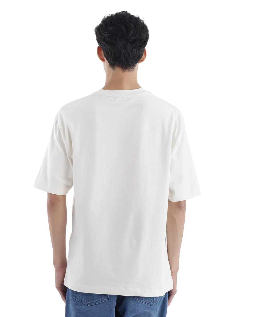 Rare Rabbit Men's Kenzo Off White Cotton Embroidered Oversized Fit Half Sleeve Crew Neck T-Shirt