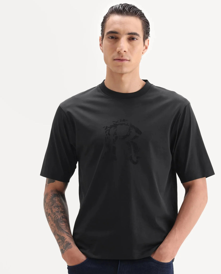 Rare Rabbit Men's Kilon Black Cotton Fabric Half Sleeve Crew Neck Regular Fit Graphic Print T-Shirt