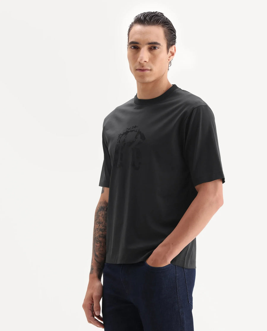 Rare Rabbit Men's Kilon Black Cotton Fabric Half Sleeve Crew Neck Regular Fit Graphic Print T-Shirt