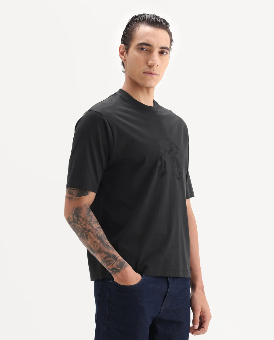 Rare Rabbit Men's Kilon Black Cotton Fabric Half Sleeve Crew Neck Regular Fit Graphic Print T-Shirt