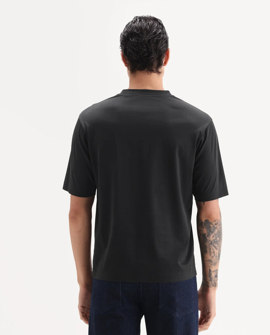 Rare Rabbit Men's Kilon Black Cotton Fabric Half Sleeve Crew Neck Regular Fit Graphic Print T-Shirt