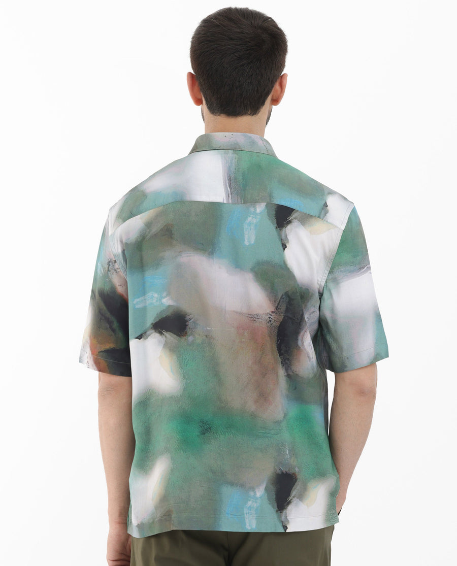 Rare Rabbit Men's Knox Dusky Green Cotton Abstract Print Boxy Fit Half Sleeve Collared Shirt