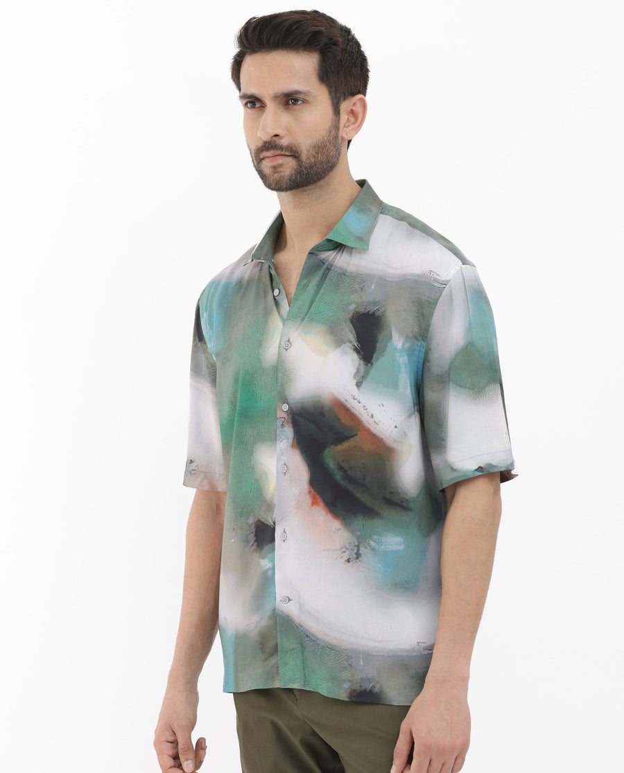 Rare Rabbit Men's Knox Dusky Green Cotton Abstract Print Boxy Fit Half Sleeve Collared Shirt