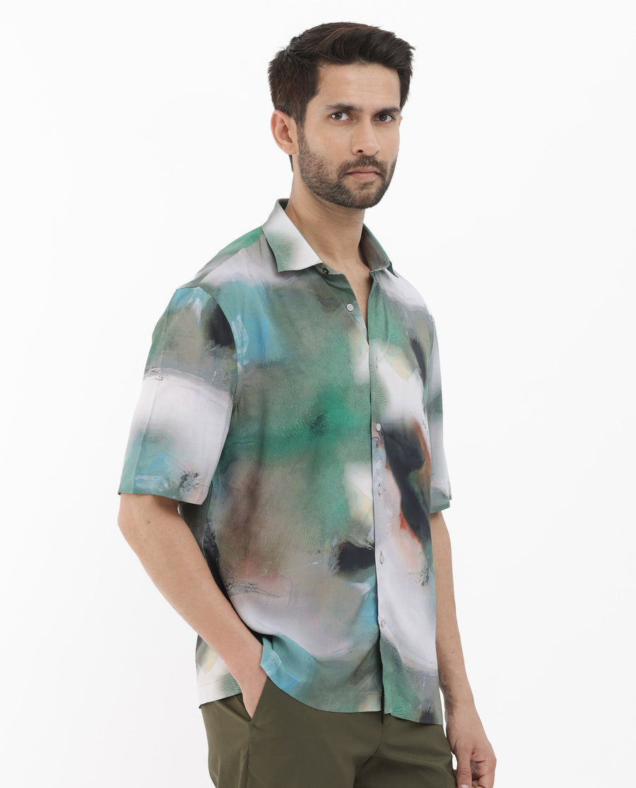 Rare Rabbit Men's Knox Dusky Green Cotton Abstract Print Boxy Fit Half Sleeve Collared Shirt