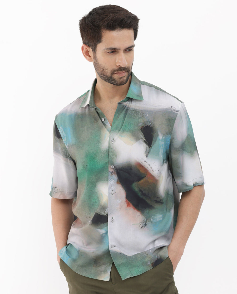 Rare Rabbit Men's Knox Dusky Green Cotton Abstract Print Boxy Fit Half Sleeve Collared Shirt