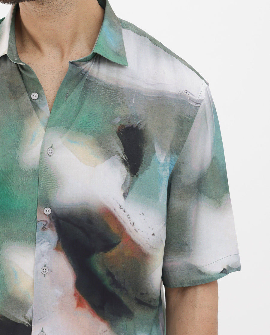 Rare Rabbit Men's Knox Dusky Green Cotton Abstract Print Boxy Fit Half Sleeve Collared Shirt