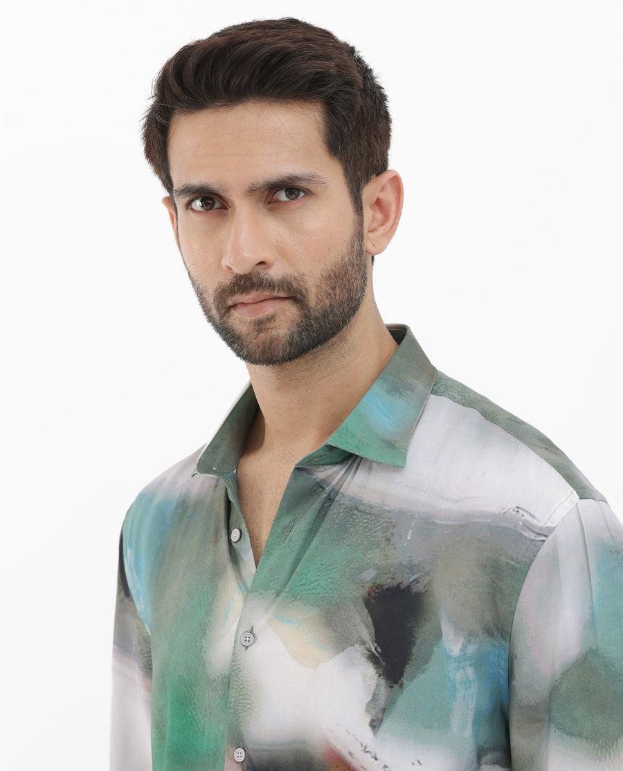 Rare Rabbit Men's Knox Dusky Green Cotton Abstract Print Boxy Fit Half Sleeve Collared Shirt