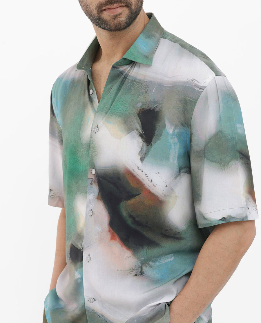 Rare Rabbit Men's Knox Dusky Green Cotton Abstract Print Boxy Fit Half Sleeve Collared Shirt