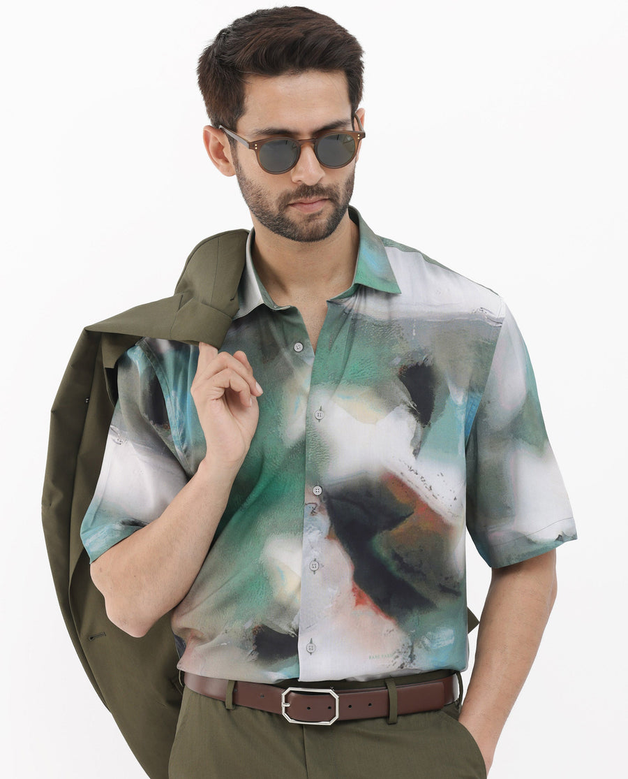 Rare Rabbit Men's Knox Dusky Green Cotton Abstract Print Boxy Fit Half Sleeve Collared Shirt