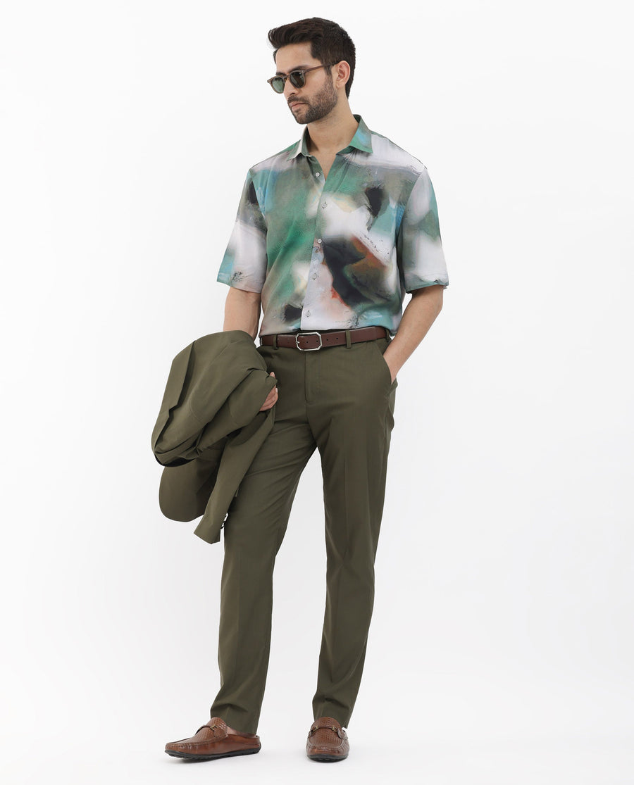 Rare Rabbit Men's Knox Dusky Green Cotton Abstract Print Boxy Fit Half Sleeve Collared Shirt