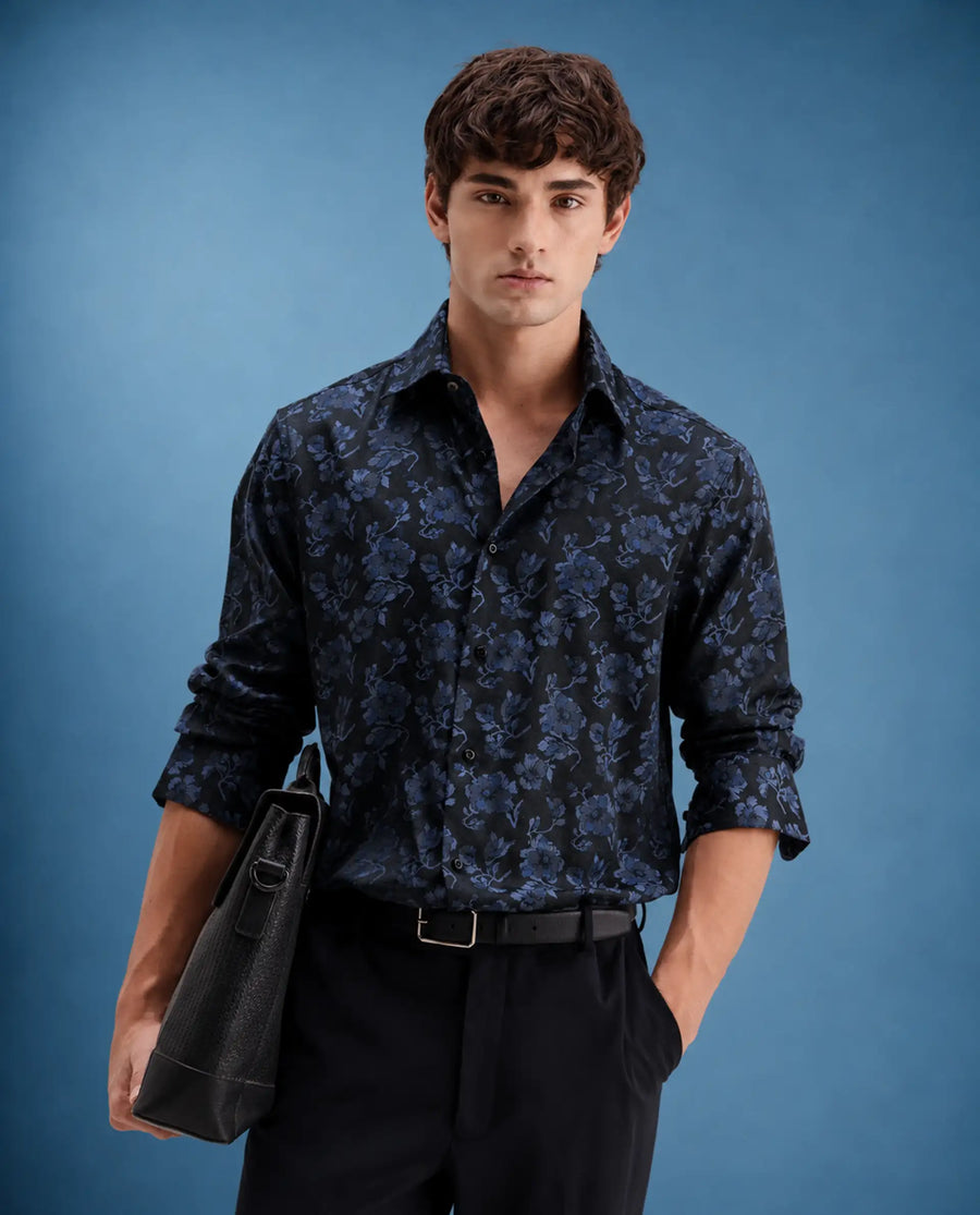 Rare Rabbit Men's Koba Dark Blue Polyester Blend Fabric Spread Collar Regular Fit Floral Print Shirt