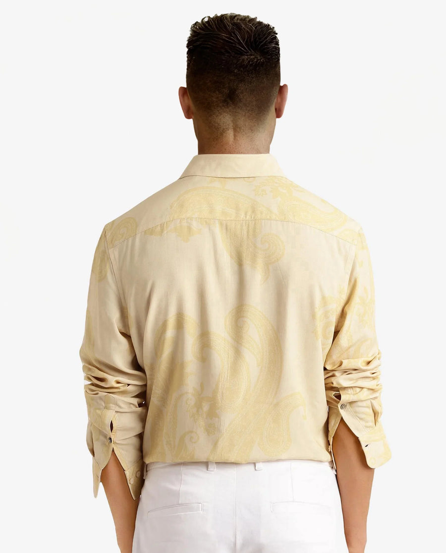 Rare Rabbit Men's Koigi Dusky Yellow Viscose Paisley Print Regular Fit Full Sleeve Collared Shirt