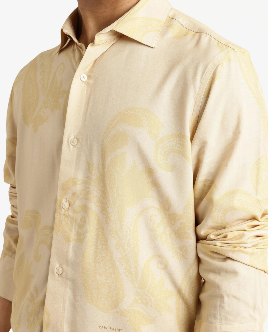 Rare Rabbit Men's Koigi Dusky Yellow Viscose Paisley Print Regular Fit Full Sleeve Collared Shirt