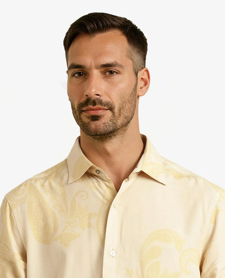Rare Rabbit Men's Koigi Dusky Yellow Viscose Paisley Print Regular Fit Full Sleeve Collared Shirt