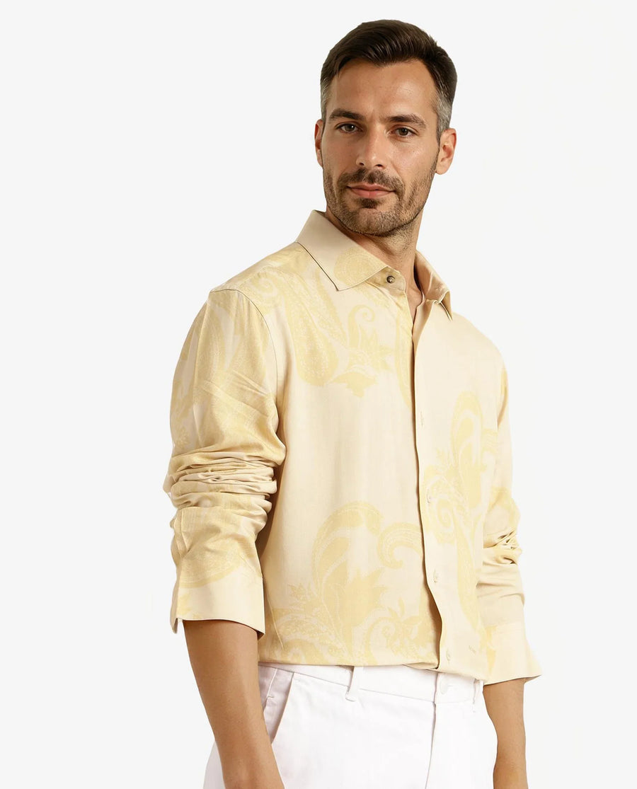 Rare Rabbit Men's Koigi Dusky Yellow Viscose Paisley Print Regular Fit Full Sleeve Collared Shirt