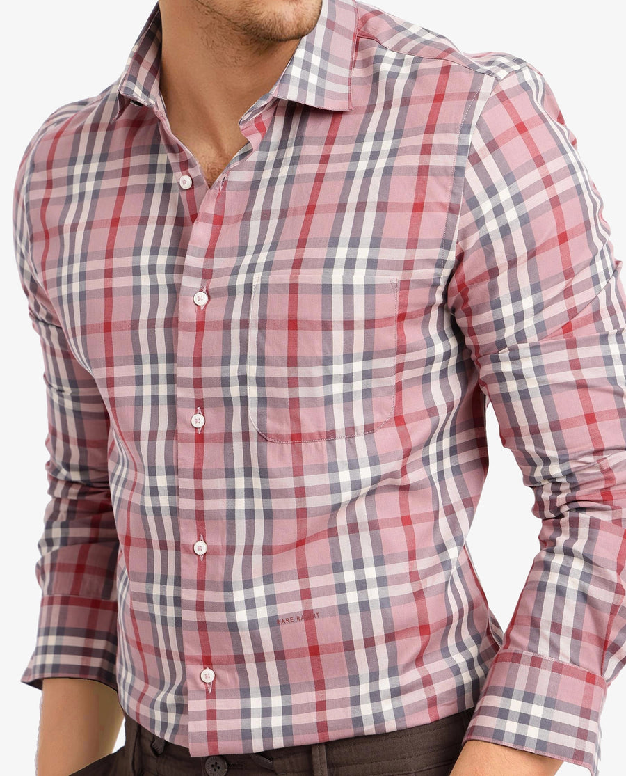 Rare Rabbit Men's Kolt Red Cotton Checked Print Regular Fit Full Sleeve Collared Shirt