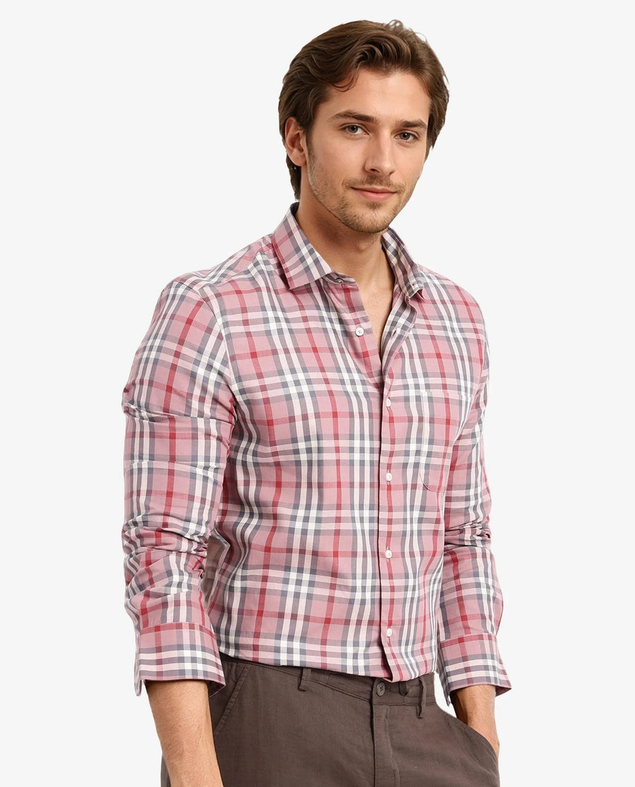 Rare Rabbit Men's Kolt Red Cotton Checked Print Regular Fit Full Sleeve Collared Shirt