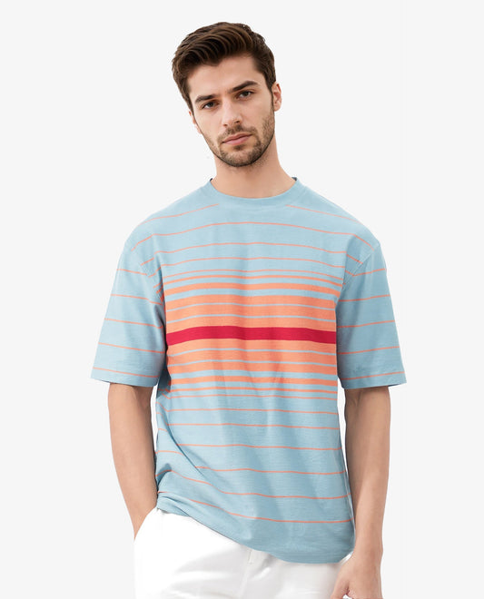 Rare Rabbit Men's Kot Dusky Blue Cotton Striped Print Oversized Fit Half Sleeve Crew Neck T-Shirt
