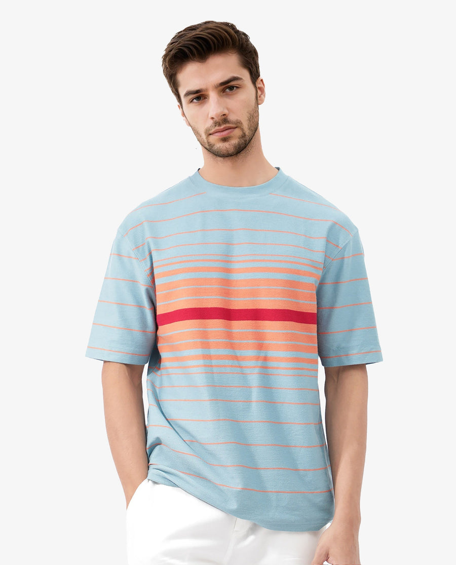 Rare Rabbit Men's Kot Dusky Blue Cotton Striped Print Oversized Fit Half Sleeve Crew Neck T-Shirt