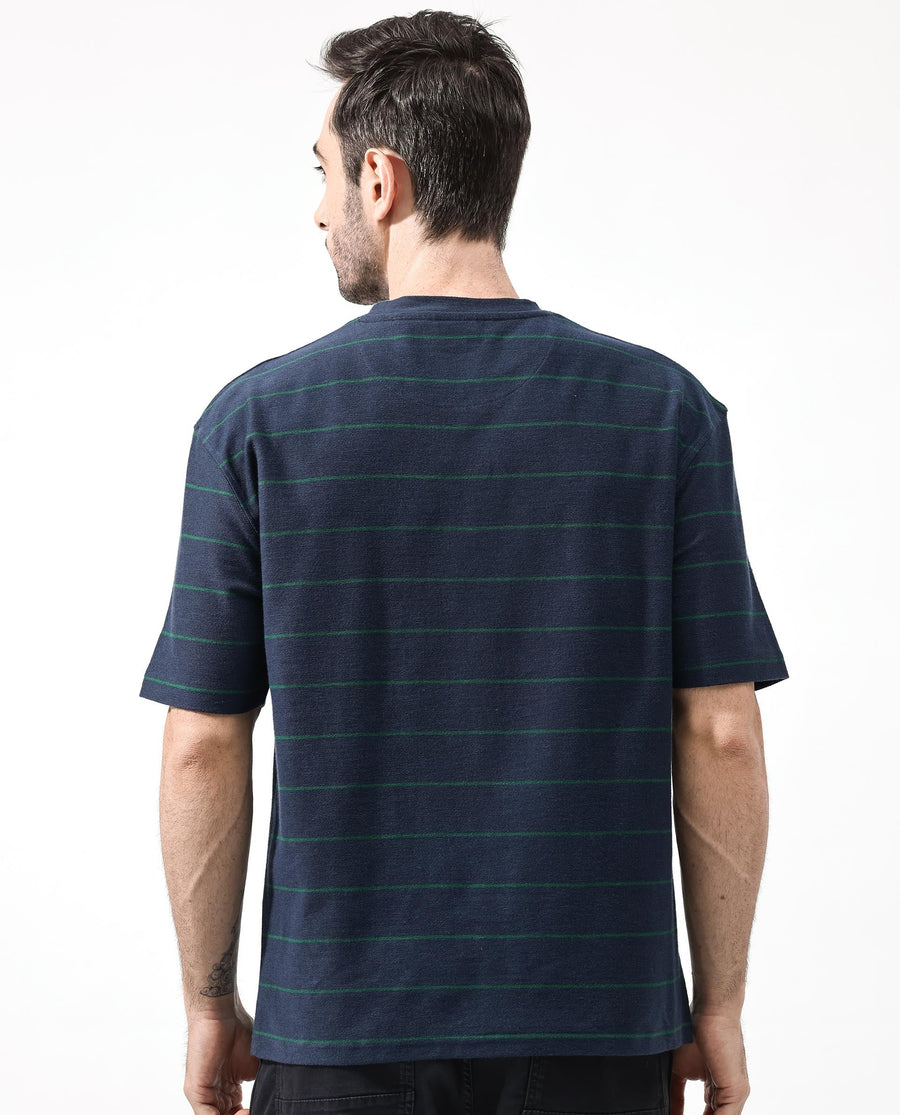 Rare Rabbit Men's Kot Navy Cotton Striped Print Oversized Fit Half Sleeve Crew Neck T-Shirt