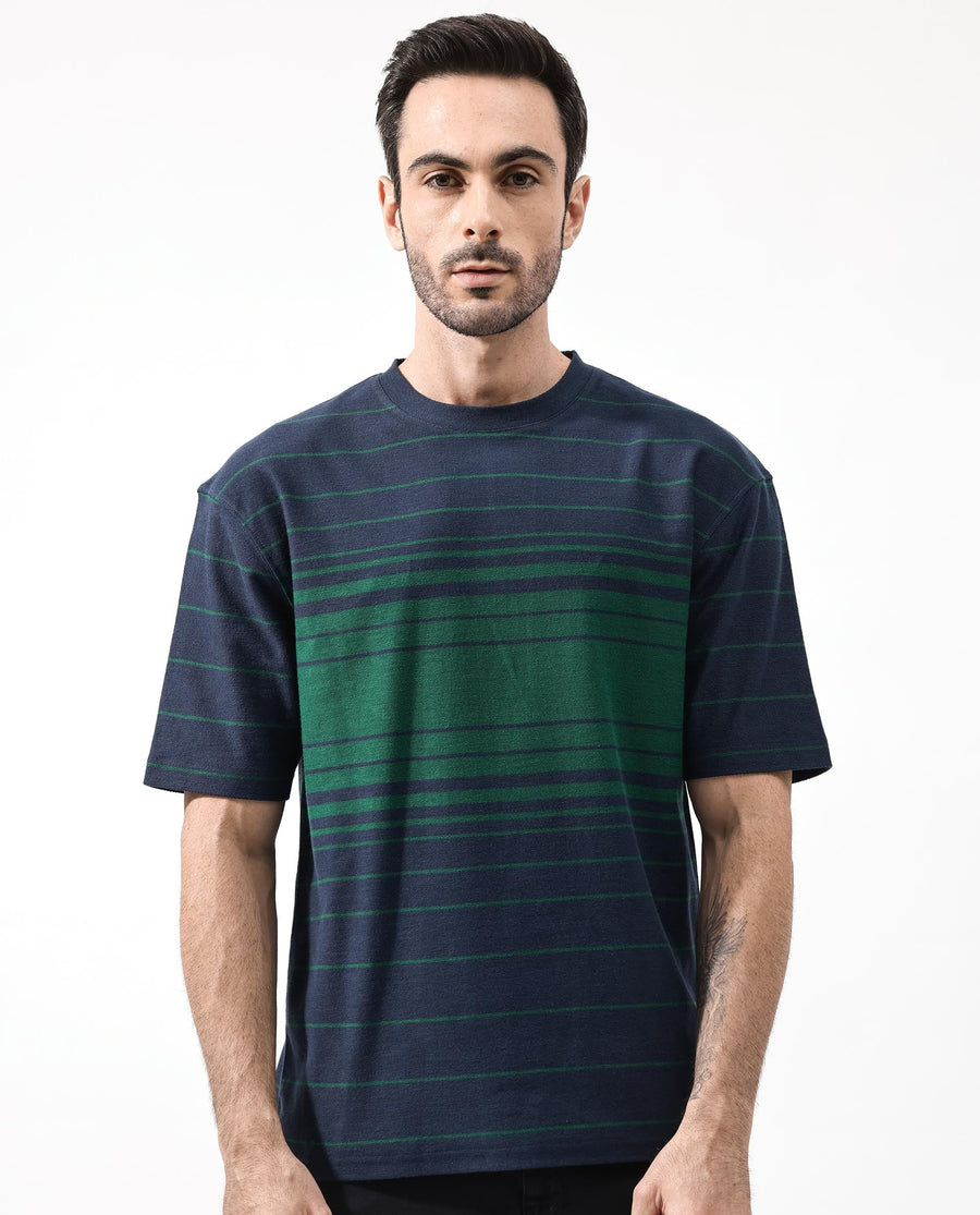 Rare Rabbit Men's Kot Navy Cotton Striped Print Oversized Fit Half Sleeve Crew Neck T-Shirt