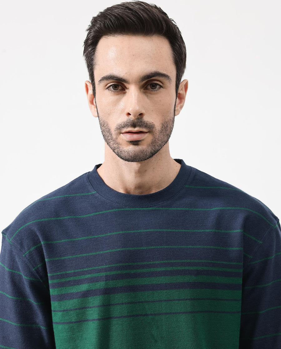 Rare Rabbit Men's Kot Navy Cotton Striped Print Oversized Fit Half Sleeve Crew Neck T-Shirt