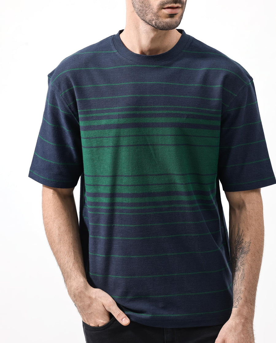 Rare Rabbit Men's Kot Navy Cotton Striped Print Oversized Fit Half Sleeve Crew Neck T-Shirt