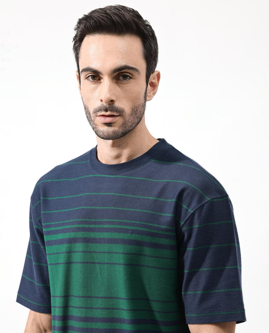 Rare Rabbit Men's Kot Navy Cotton Striped Print Oversized Fit Half Sleeve Crew Neck T-Shirt