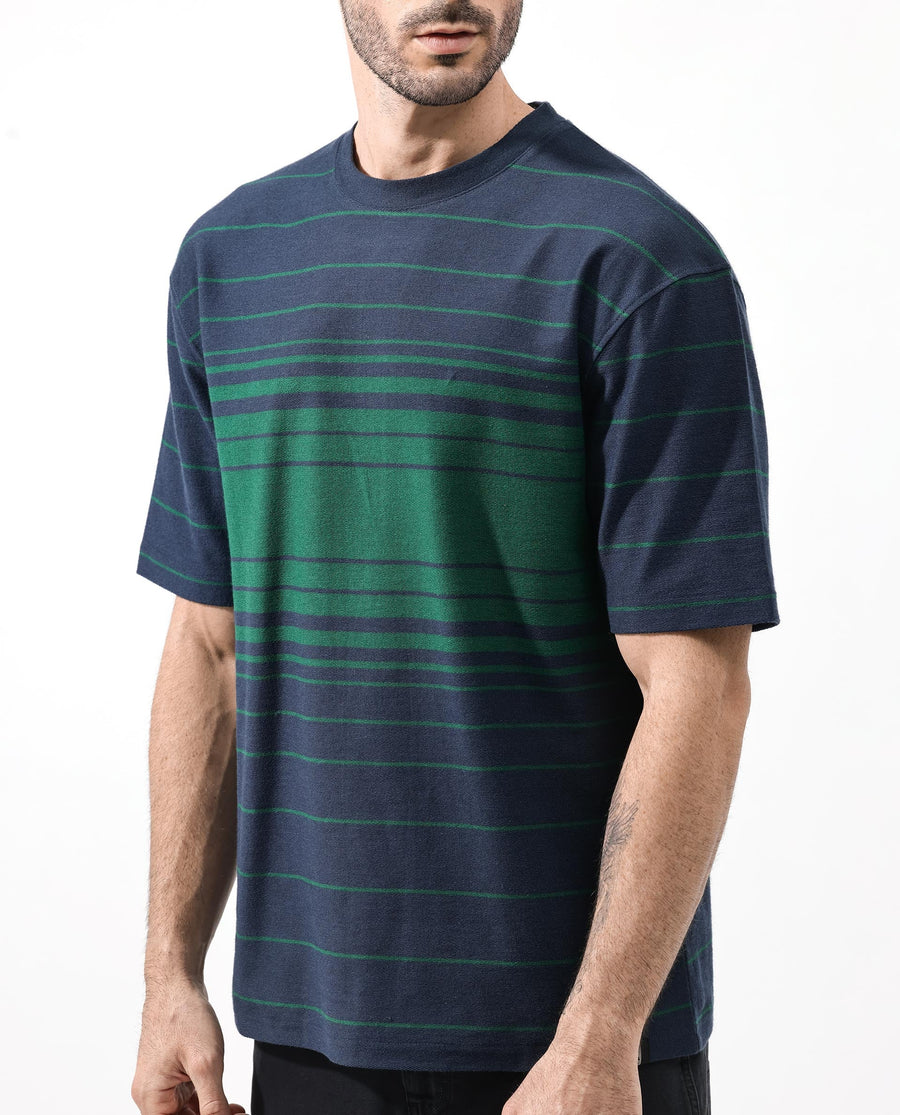 Rare Rabbit Men's Kot Navy Cotton Striped Print Oversized Fit Half Sleeve Crew Neck T-Shirt