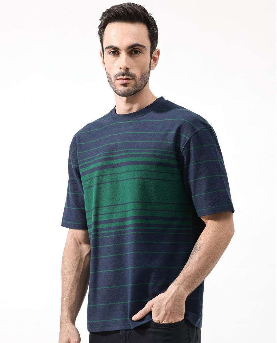 Rare Rabbit Men's Kot Navy Cotton Striped Print Oversized Fit Half Sleeve Crew Neck T-Shirt