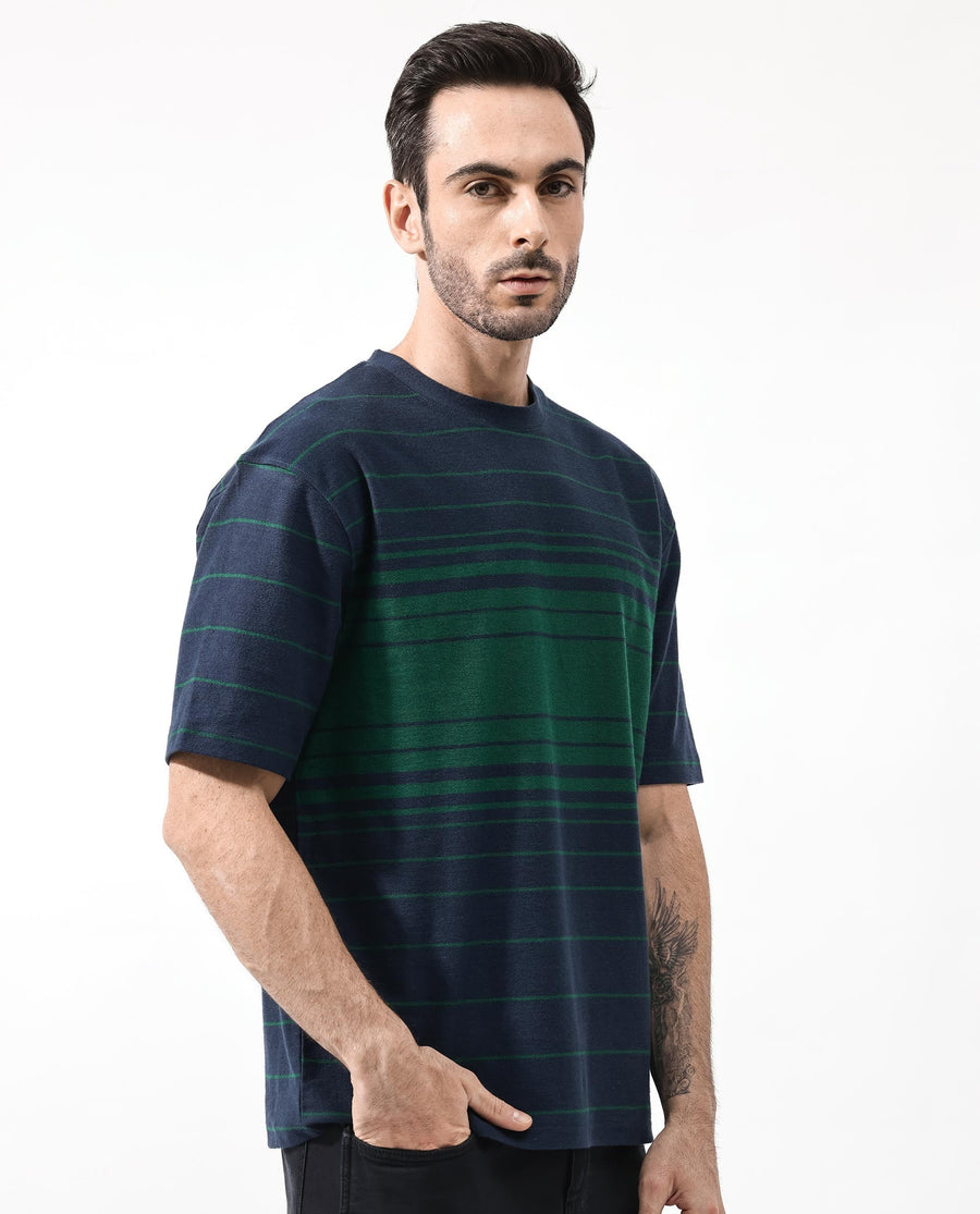 Rare Rabbit Men's Kot Navy Cotton Striped Print Oversized Fit Half Sleeve Crew Neck T-Shirt