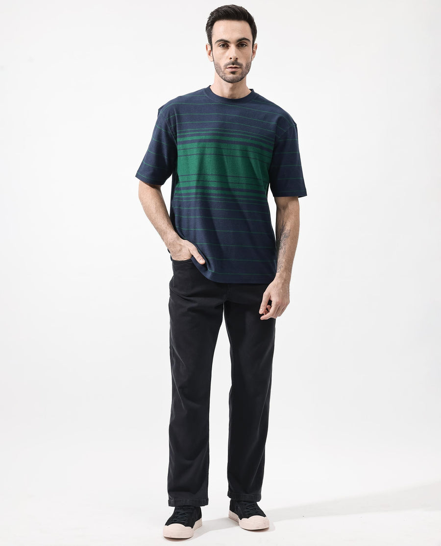 Rare Rabbit Men's Kot Navy Cotton Striped Print Oversized Fit Half Sleeve Crew Neck T-Shirt