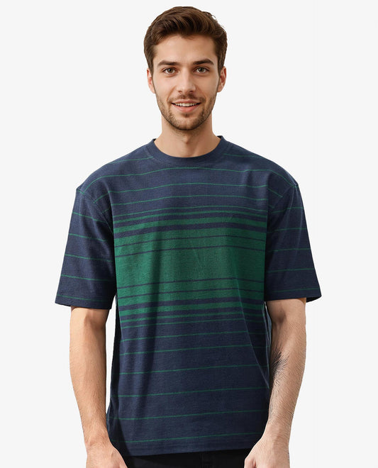 Rare Rabbit Men's Kot Navy Cotton Striped Print Oversized Fit Half Sleeve Crew Neck T-Shirt
