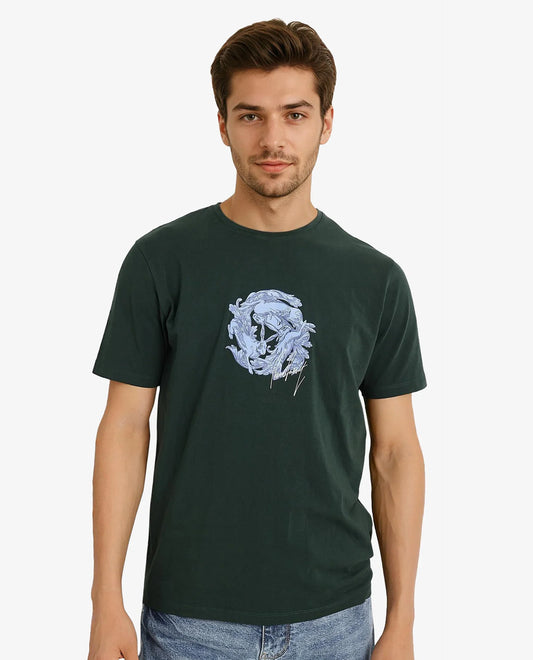 Rare Rabbit Men's Kowl Dark Green Cotton Graphic Print Regular Fit Half Sleeve Crew Neck T-Shirt