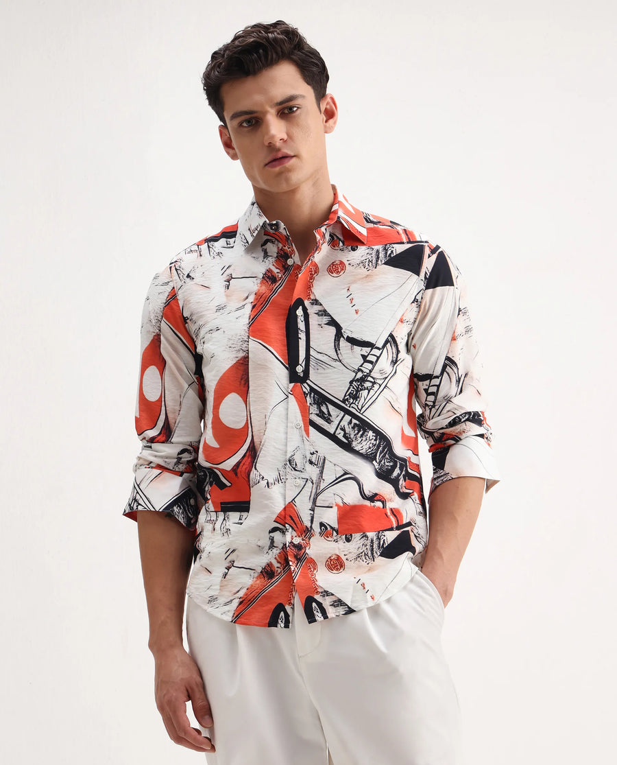 Rare Rabbit Men's Kufa White Viscose Blend Abstract Print Regular Fit Full Sleeve Collared Shirt