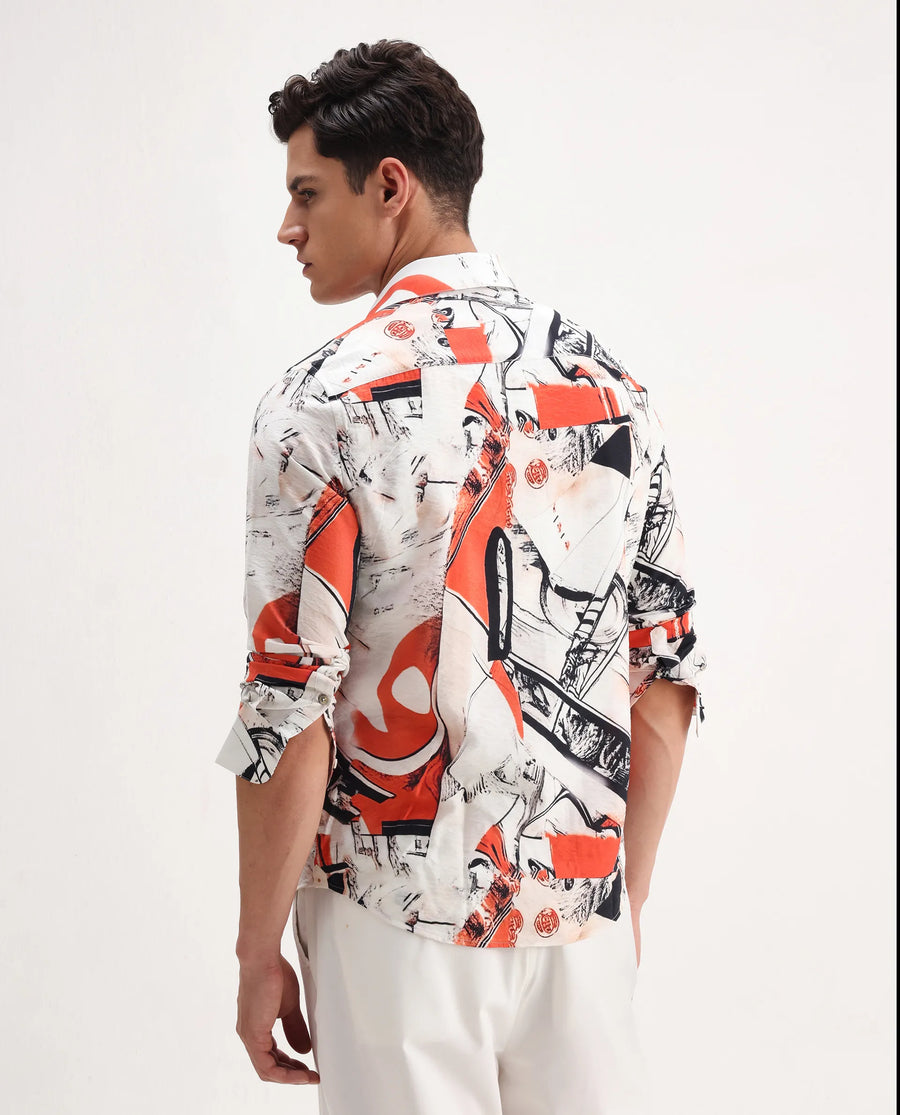 Rare Rabbit Men's Kufa White Viscose Blend Abstract Print Regular Fit Full Sleeve Collared Shirt