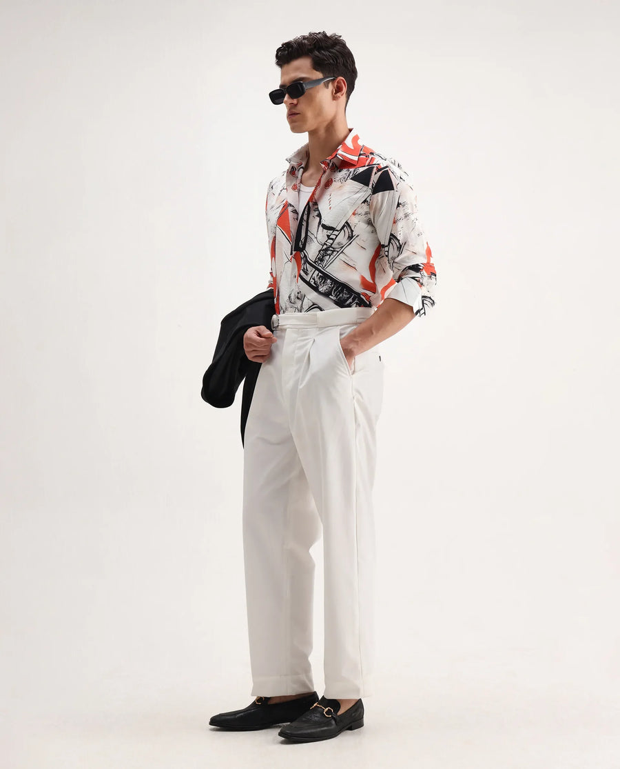 Rare Rabbit Men's Kufa White Viscose Blend Abstract Print Regular Fit Full Sleeve Collared Shirt