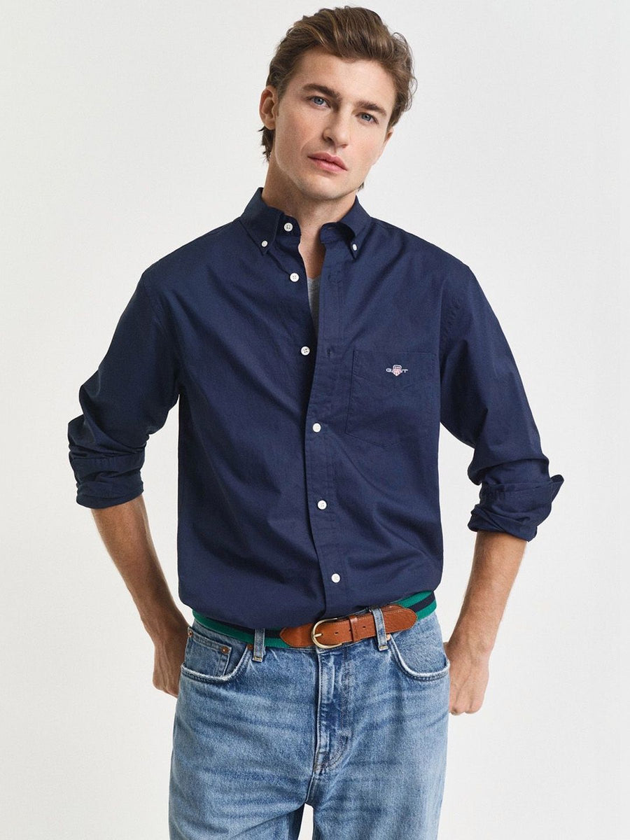 Gant Men Navy Blue Solid Regular Fit Classic Poplin Shirt