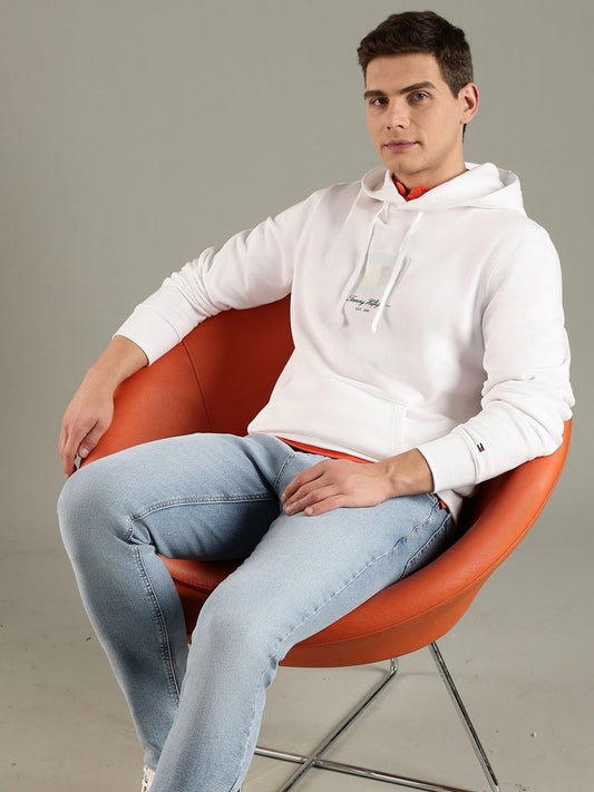 Tommy Hilfiger Men Brand Logo Printed Regular Cotton Pullover Hooded Sweatshirt