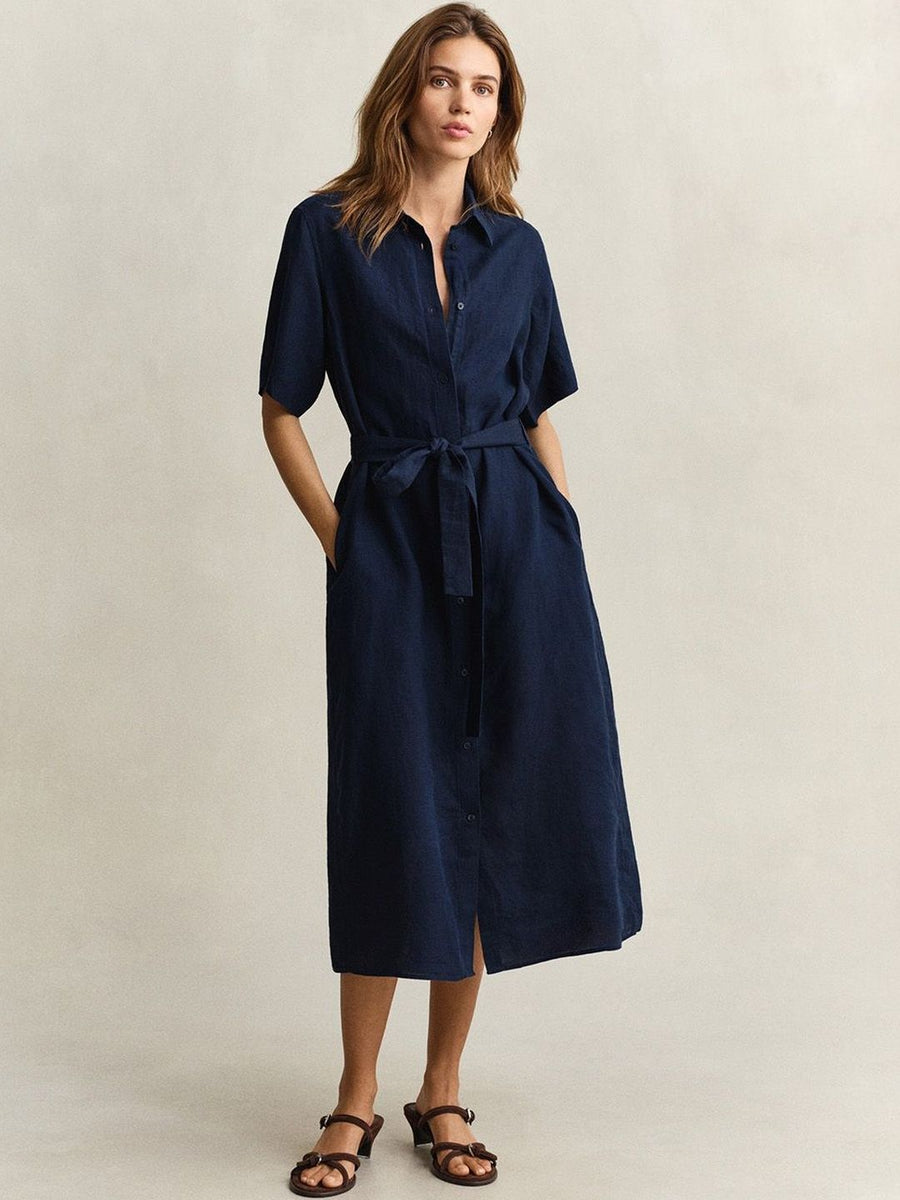 Gant Women Navy Blue Solid Regular Fit Pure Linen Dress