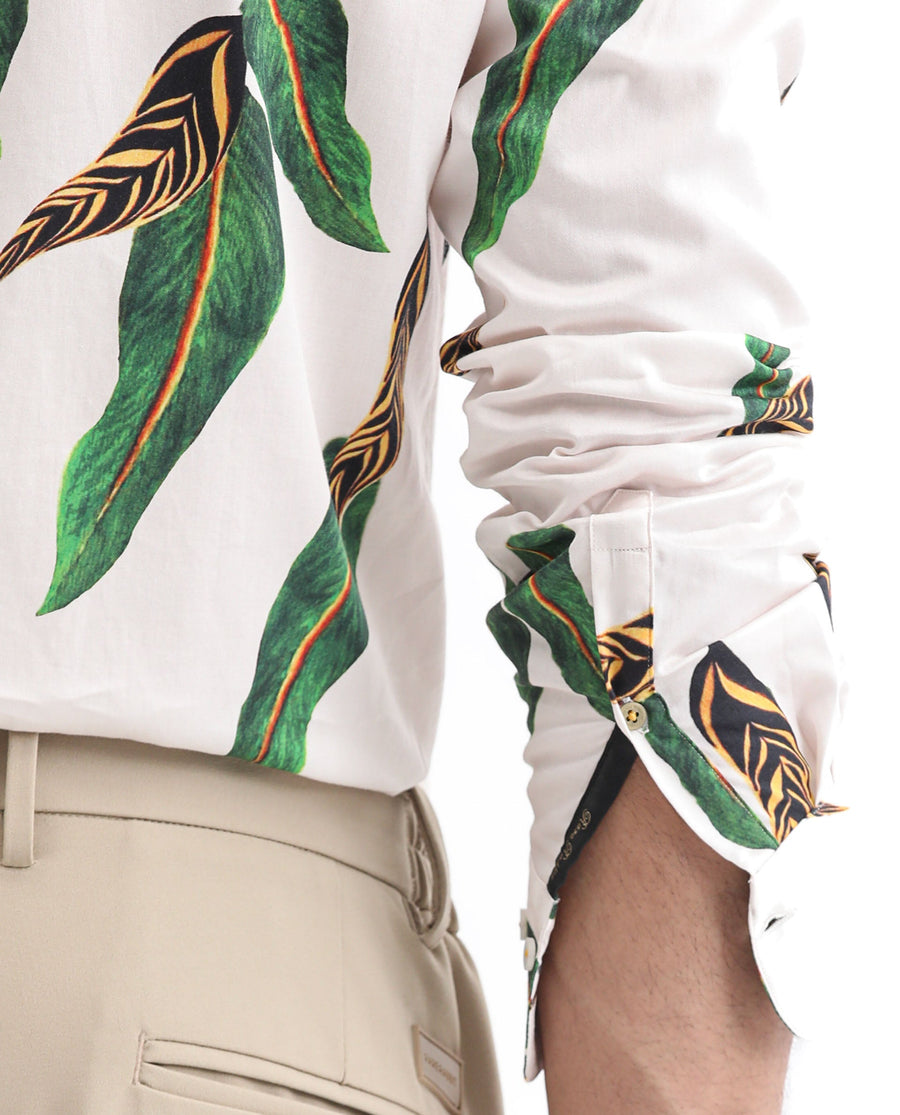 Rare Rabbit Men's Lafey Off White Cotton Tropical Print Regular Fit Full Sleeve Collared Shirt