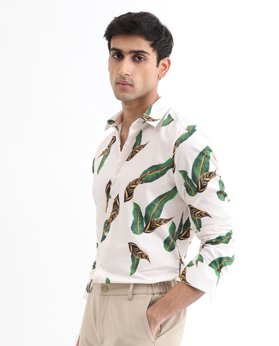 Rare Rabbit Men's Lafey Off White Cotton Tropical Print Regular Fit Full Sleeve Collared Shirt