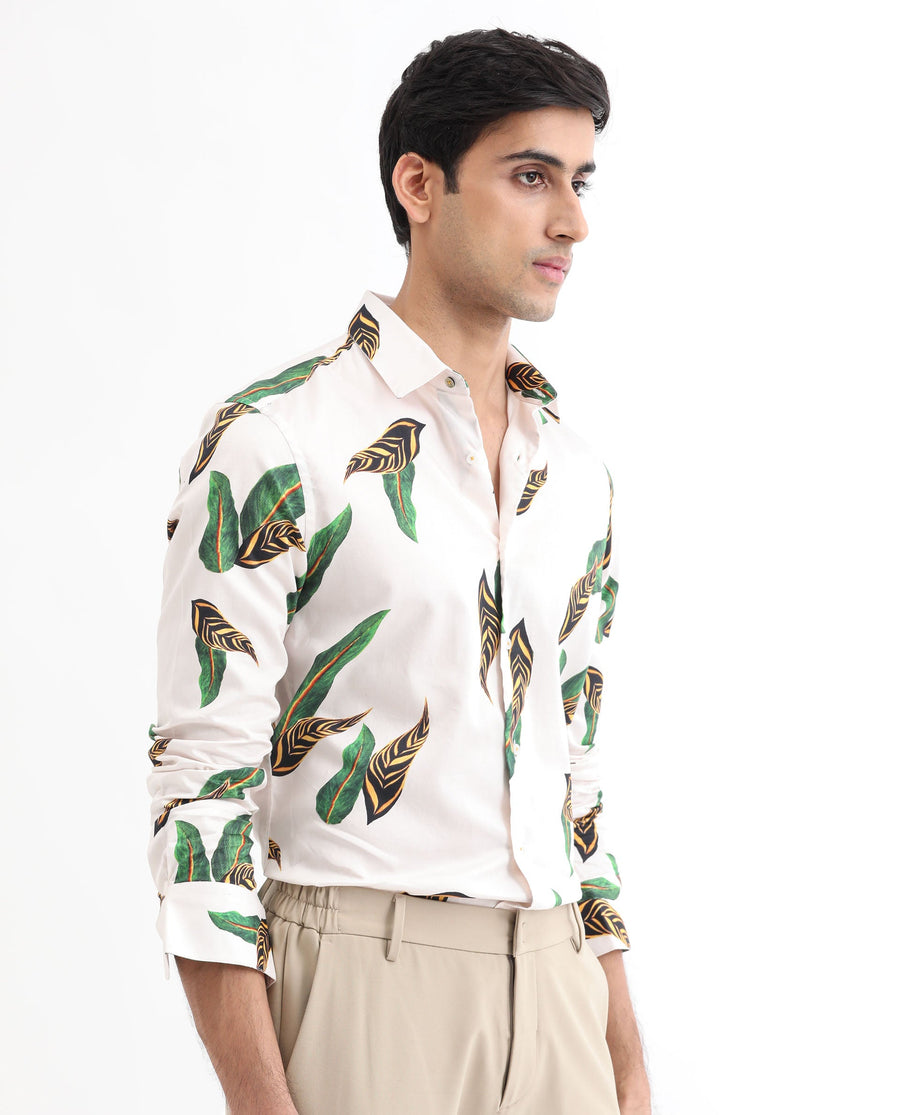 Rare Rabbit Men's Lafey Off White Cotton Tropical Print Regular Fit Full Sleeve Collared Shirt