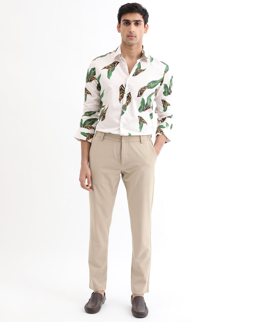 Rare Rabbit Men's Lafey Off White Cotton Tropical Print Regular Fit Full Sleeve Collared Shirt