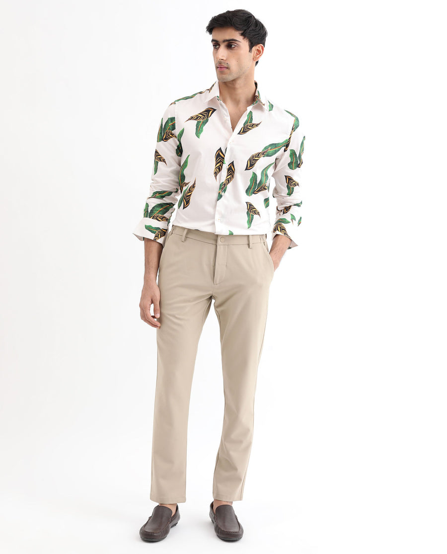 Rare Rabbit Men's Lafey Off White Cotton Tropical Print Regular Fit Full Sleeve Collared Shirt